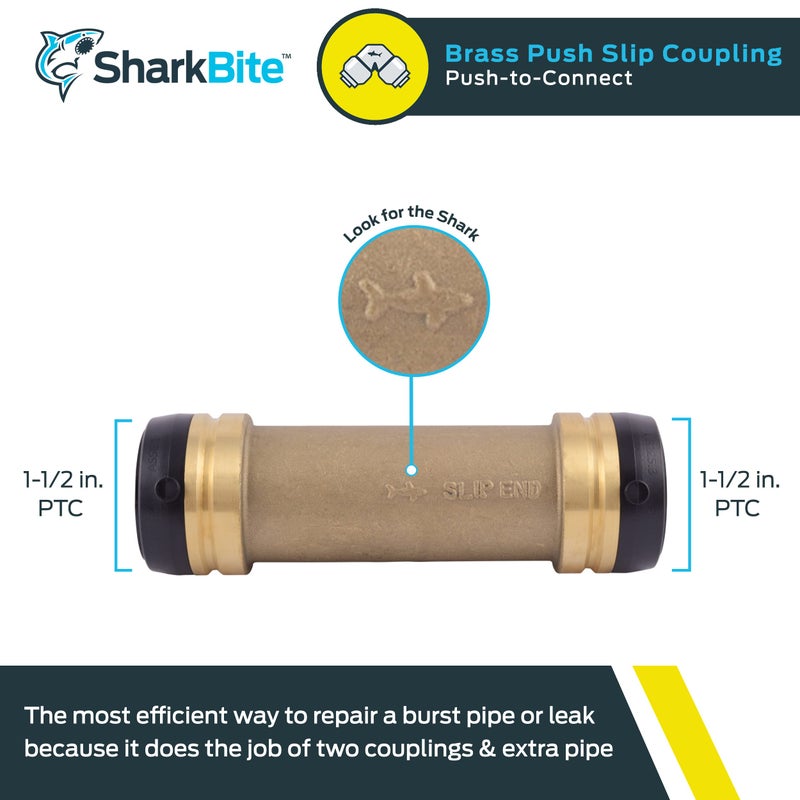SharkBite 1-1/2 x 1-1/2 in Slip Coupling, Push-to-Connect Brass Plumbing Fitting, UXL0641 - Image 2